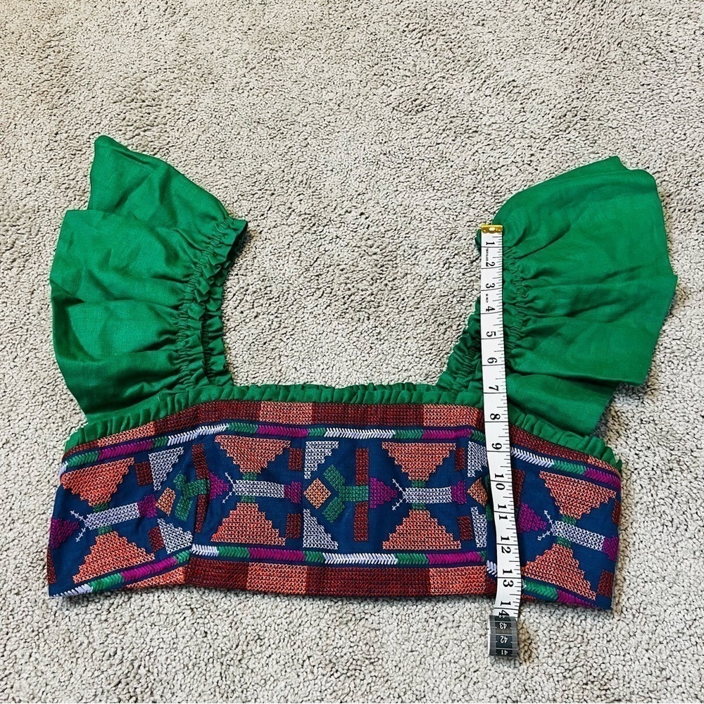 NWT! Farm Rio Tropical Green Linen Embroidered Smocked Back Crop Top. Size XL. - Picture 8 of 14